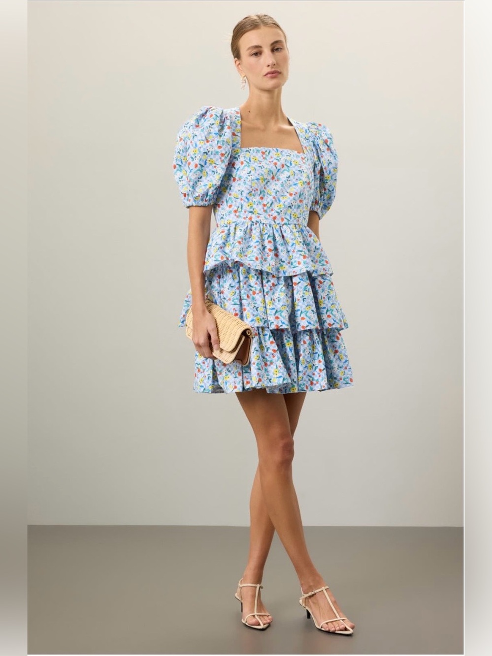 HUNTER BELL~Blue Floral Tiered Puff-Sleeve Porter Mini Dress~Size 4~$465~